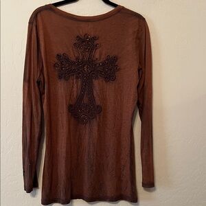 Elegant Brown Long Sleeve V-Neck Tunic Top with Embroidered Cross on back.